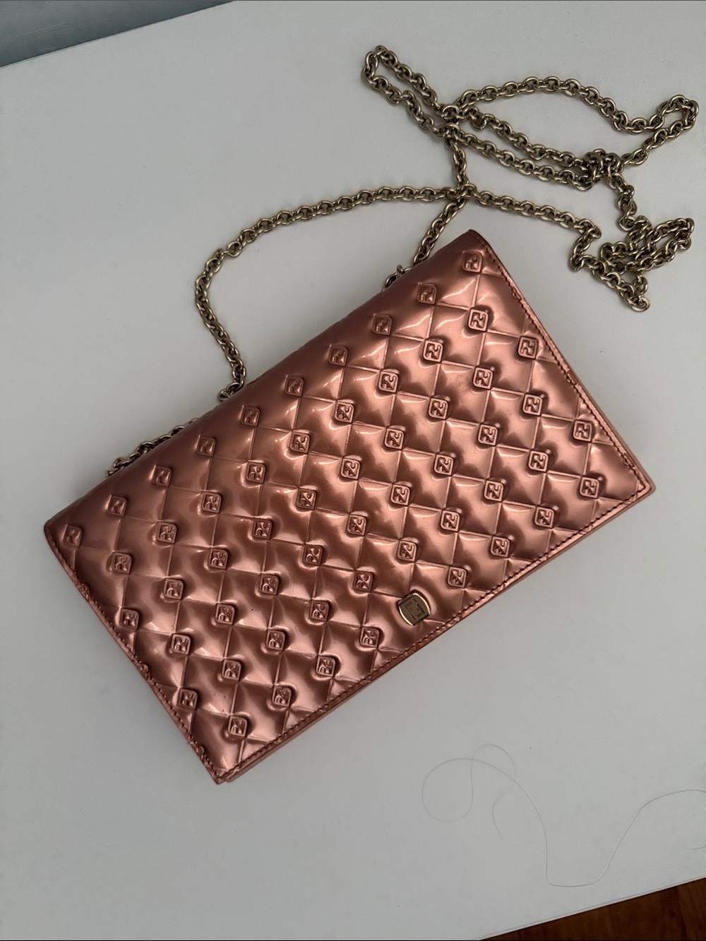 Fendi Rose Rose Gold Patent Leather Fendilicious Wallet On Chain